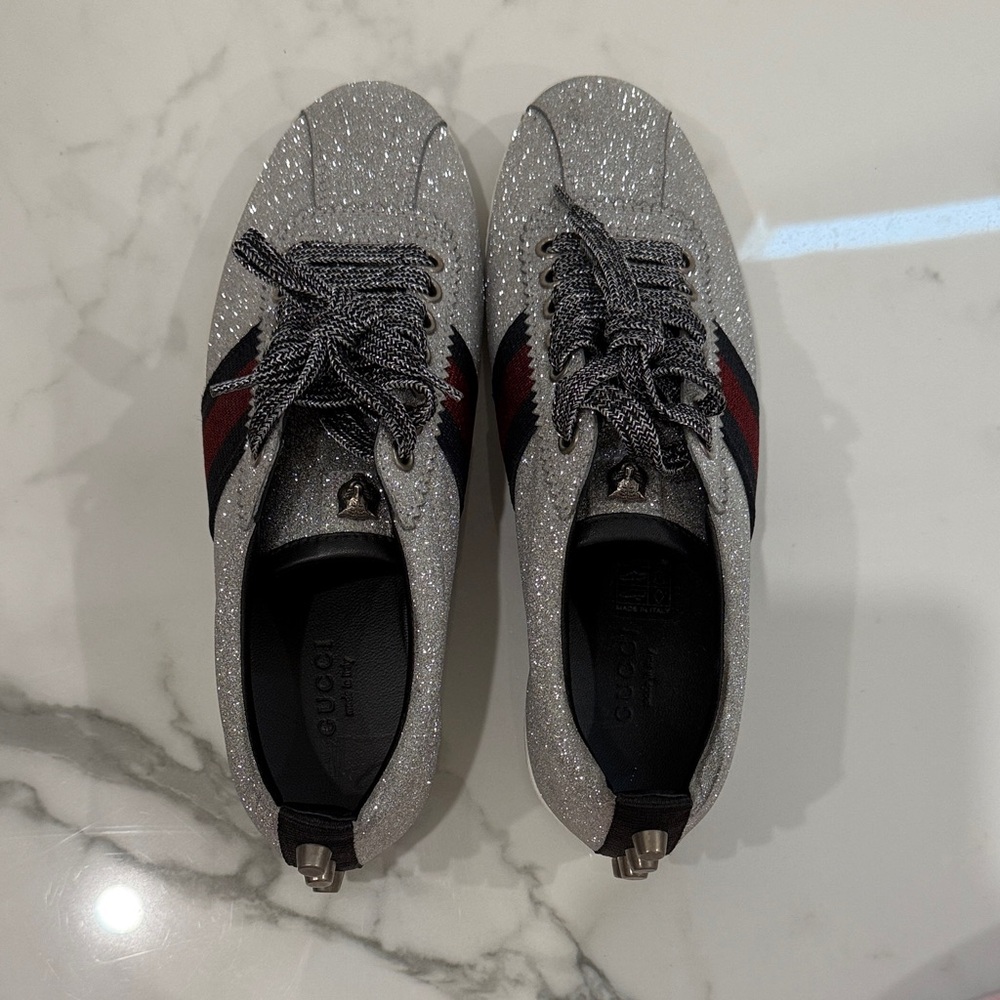 Gucci Silver Glitter Sneakers with Red and Black Stripes Size 36 1/2